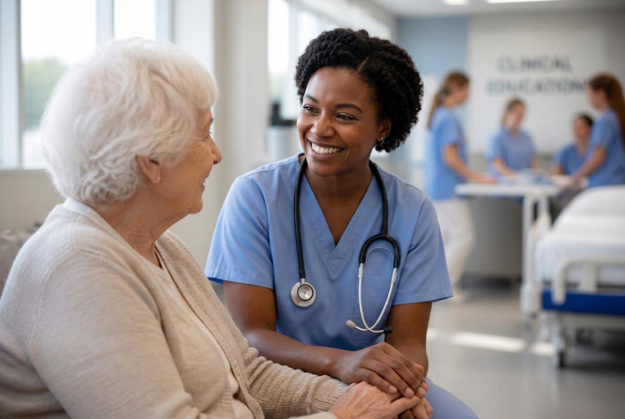 A Compassionate Medical Academy student in scrubs caring for a patient